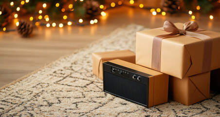 Wrapped Christmas gifts and vintage radio on cozy rug