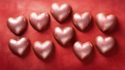 Fototapeta premium Pink Heart-Shaped Chocolates on a Red Surface