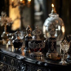 Filigree-adorned perfume bottles set on a lavish table, with intricate carvings and soft lighting.
