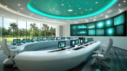Fototapeta premium Futuristic Interior with Digital Interface and City View
