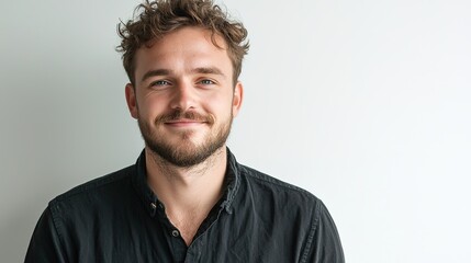 Fototapeta premium Smiling Man with Short Curly Hair in Casual Shirt