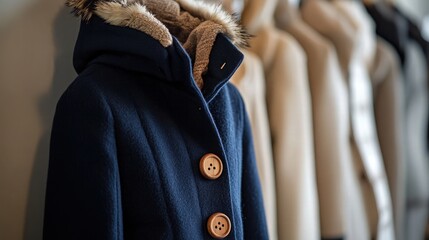 Stylish Winter Coat with Fur Hood and Wooden Buttons on Hanger – Fashion Retail Display for Cold Weather Clothing Collection.