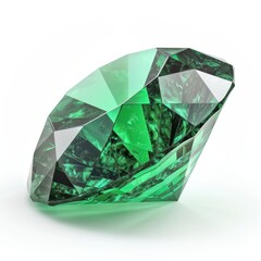 A single radiant-cut emerald gemstone, deep green and sparkling, isolated on white background