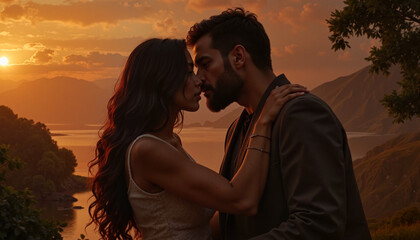 Couple embracing and sharing a kiss at sunset with a scenic backdrop for a romantic moment