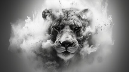 Lions Head surrounded Smoke. Generative AI.