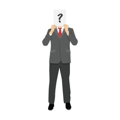 A sheet of paper with a question mark covers the face of a business man. Flat vector illustration isolated on white background