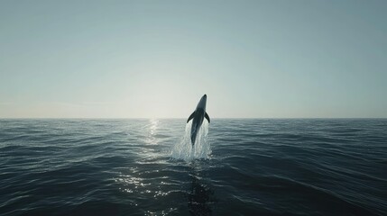 Naklejka premium Majestic Whale Breaching in Calm Ocean Waters