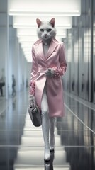 A fashionable cat, dressed in stylish pink clothes, walks on two paws on the catwalk. Generative AI
