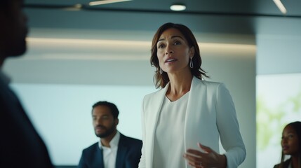 Fototapeta premium A woman in a white jacket is standing in front of a group of people. Generative AI