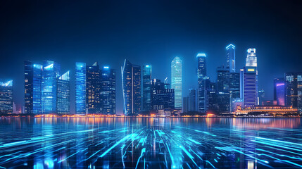 Fototapeta premium A futuristic city skyline illuminated by vibrant blue lights, depicting advanced technology and digital innovation at night.