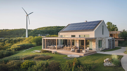 Modern Sustainable Home with Solar Panels, Wind Turbine, and Spacious Outdoor Patio