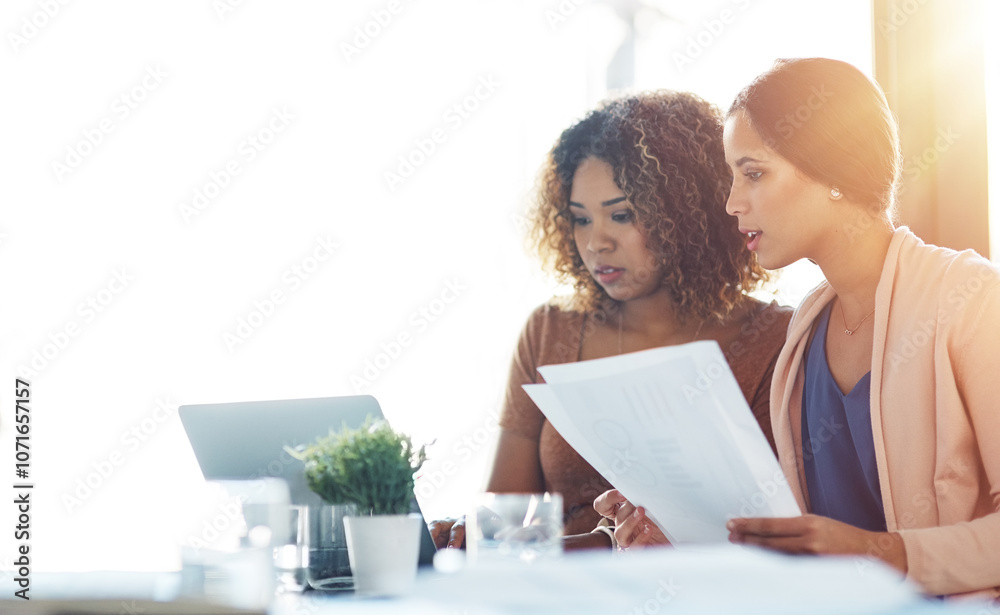 Poster Business women, document and laptop with meeting and seo research for content creation update. Office, digital work and management of company website with discussion and collaboration with mockup
