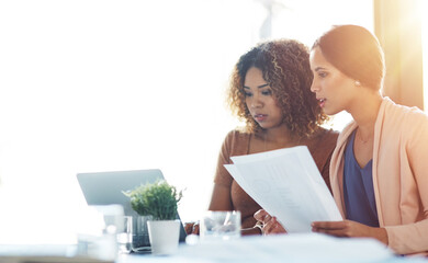 Business women, document and laptop with meeting and seo research for content creation update....