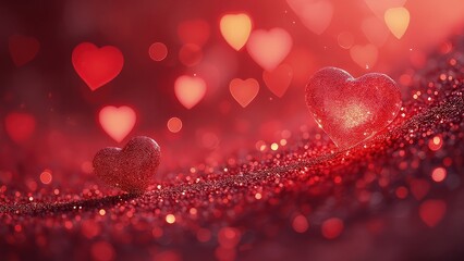 Obraz premium Romantic glittering scene, red heart shapes floating on an abstract background of shimmering light, symbolizing love and Valentine's Day