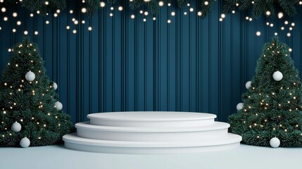 Festive Christmas Background with White Podium and Decorated Fir Trees