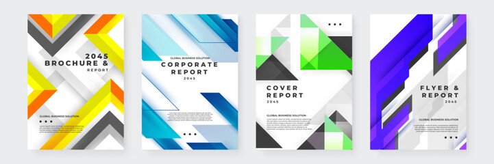 Modern Corporate Brochure and Report Cover Designs. Set of modern brochure and report covers with geometric patterns in vibrant colors. Ideal for corporate presentations and marketing materials
