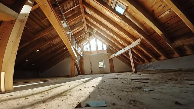 A sunlit attic with wooden beams and a dusty floor, showcasing a serene space filled with natural light. Ideal for renovation or storage purposes.