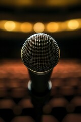 Obraz premium Microphone Ready for Audience Questions in Dim Lighting