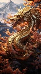 Majestic Gold Dragon Perched Tree with leaves. Generative AI.