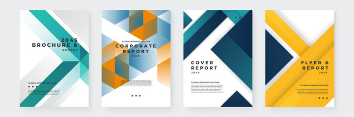 Modern Corporate Brochure and Report Cover Designs. Set of modern brochure and report covers with geometric patterns in vibrant colors. Ideal for corporate presentations and marketing materials