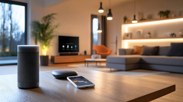 Aplicación móvil de control para altavoz inteligente en mesa de sala moderna con decoración minimalista

