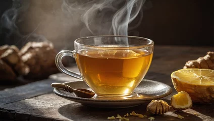 Fototapeten Ginger tea in a glass cup with a spoonful of honey on the side, steam rising and cozy, natural lighting. © Shinso_Hajime