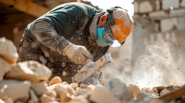 A worker is seen wearing protective glasses and a face mask while using a jackhammer to break apart rocks following proper safety measures to avoid dust and debris inhalation.