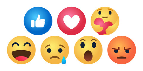 Facebook Like Reaction Emoji Buttons Colorful Icon Set. Social Media Emoticon Icons Collection Vector