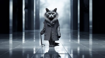 A fashionable cat, dressed in stylish gray clothes, walks on two paws on the catwalk. Generative AI