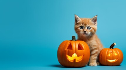 Cat Sitting Next to Pumpkins on Blue Background. Generative AI.