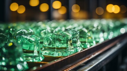 Obraz premium A close-up of green glass pieces on a metal surface with a blurred background of warm yellow lights.