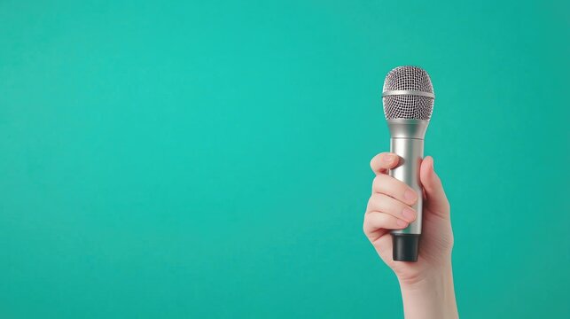 A female hand confidently holds a microphone, ready for an interview against a vibrant color background with ample space for text