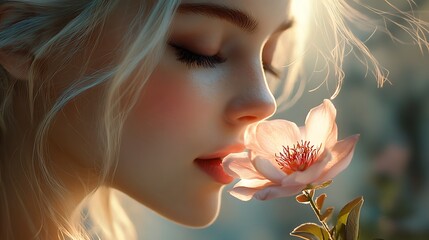 Woman gently smells flower to embrace nature's beauty