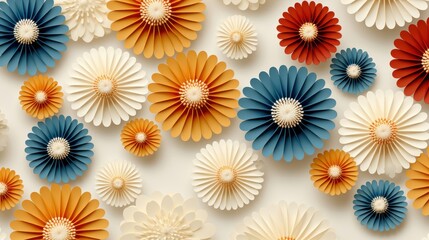 Fototapeta premium A whimsical arrangement of paper flowers in vibrant hues of blue, orange, and red, creating a delightful and artistic visual display
