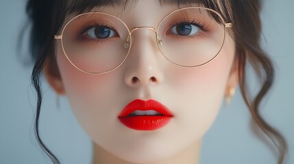 Woman with bold red lips and stylish glasses captivates with elegance