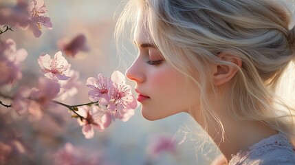 Woman enjoys fragrance of cherry blossom flowers