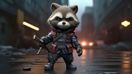 Stylish dressed Raccoon Character in a Dark Sci-fi Scene. Generative AI