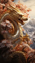 Majestic Gold Dragon Perched Tree with leaves. Generative AI.