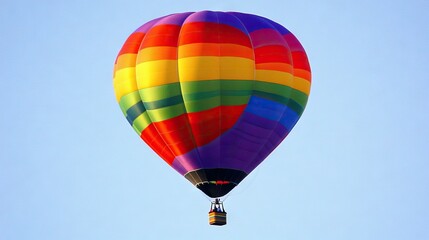 Naklejka premium Bright hot air balloon with rainbow stripes soaring into a light blue sky, with its vibrant colors reflecting sunlight