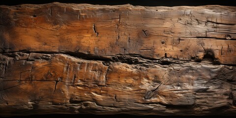 A weathered and textured wood surface with a crack running across the center, revealing the depth of the wood's grain and patina.