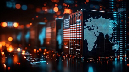 A futuristic digital landscape featuring containers adorned with the American flag, symbolizing technology, data, and global connectivity.
