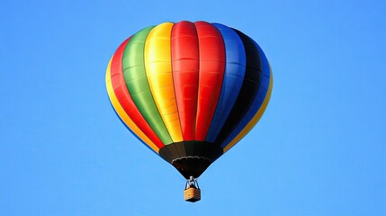 Fototapeta premium Close-up of a hot air balloon with bold, colorful stripes, soaring into a bright sky with sunlight casting shadows
