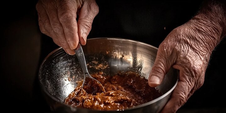 A close-up of aged hands stirring a mixture in a metallic bowl, showcasing the art of cooking and the experience of generations.