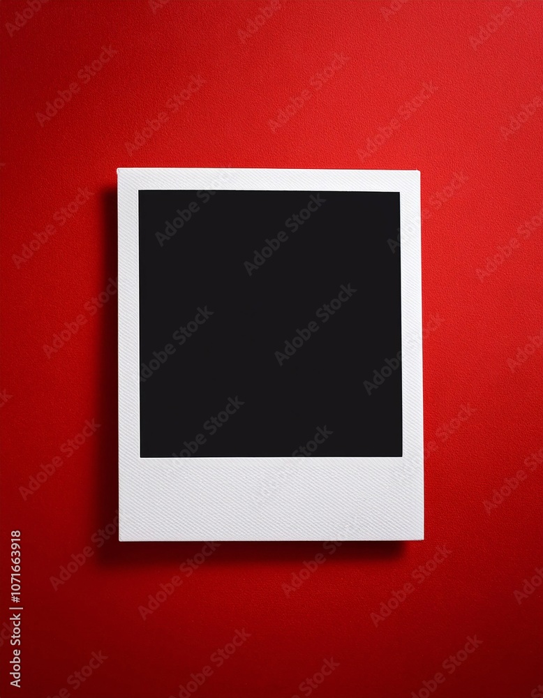 Poster a single instant photo frame on pure empty red background, mockup
