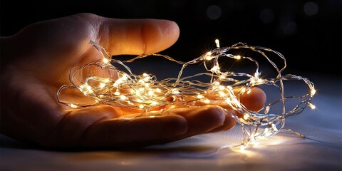 A hand elegantly holds a delicate tangle of glowing string lights, creating a magical atmosphere with warm illumination in a dark setting.