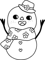 Groovy Retro Christmas Coloring Image Snowman cartoon doodle hand drawn