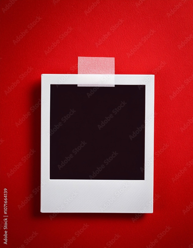 Aufkleber a single instant photo frame on pure empty red background, mockup