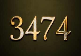 Old gold effect of 3474 number with 3D glossy style Mockup.