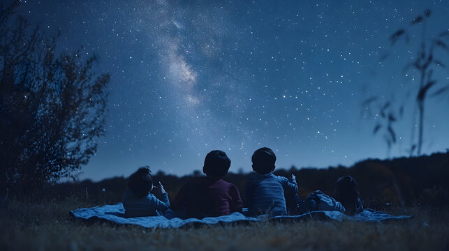 Children lying on a blanket under a star-filled night sky, gazing at the Milky Way, enjoying a serene outdoor stargazing experience surrounded by nature and tranquility.