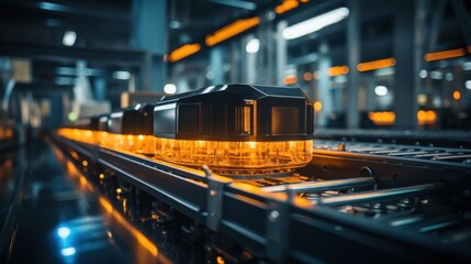 Conveyor Belt System with Glowing Orange Lights, Highlighting the Automation of Modern Manufacturing